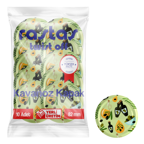 Rastaş Paketli 10 adet Kavanoz Kapağı - Zeytinli  - 82 mm