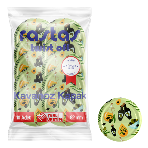 Rastaş Paketli 10 adet Kavanoz Kapağı - Zeytinli  - 82 mm