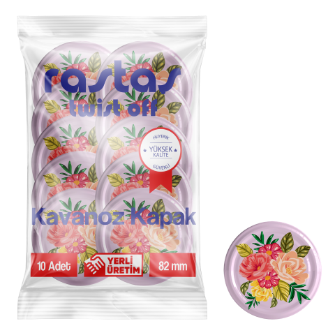 Rastaş Paketli 10 adet Kavanoz Kapağı -Pembe Çiçekli - 82 mm