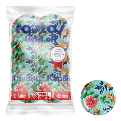 Rastaş Paketli 10 adet Kavanoz Kapağı -Yeşil Çiçekli - 82 mm