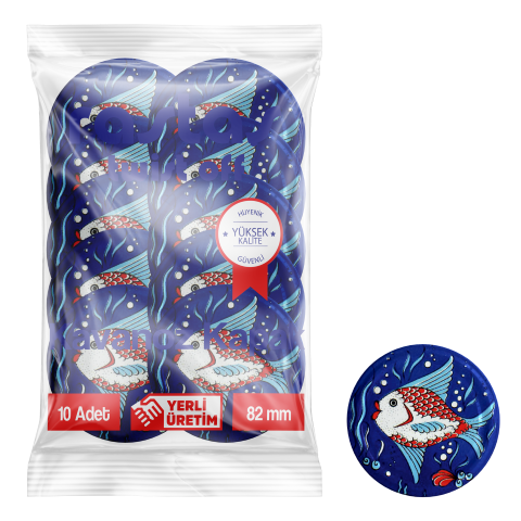 Rastaş Paketli 10 adet Kavanoz Kapağı - Balıklı - 82 mm